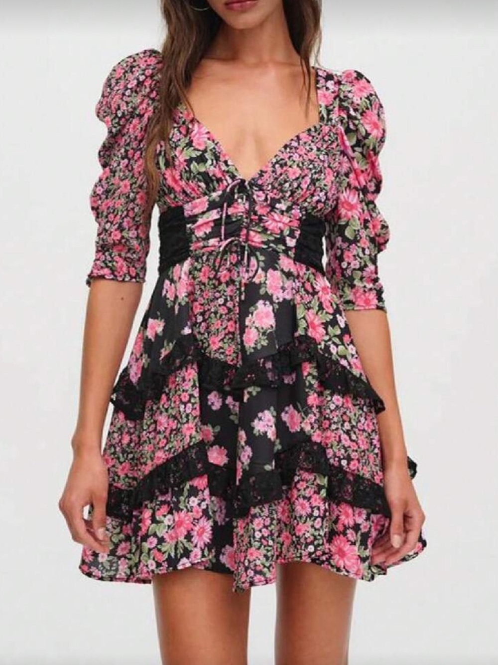Floral Lace-Trim Mini Dress in Black and Pink